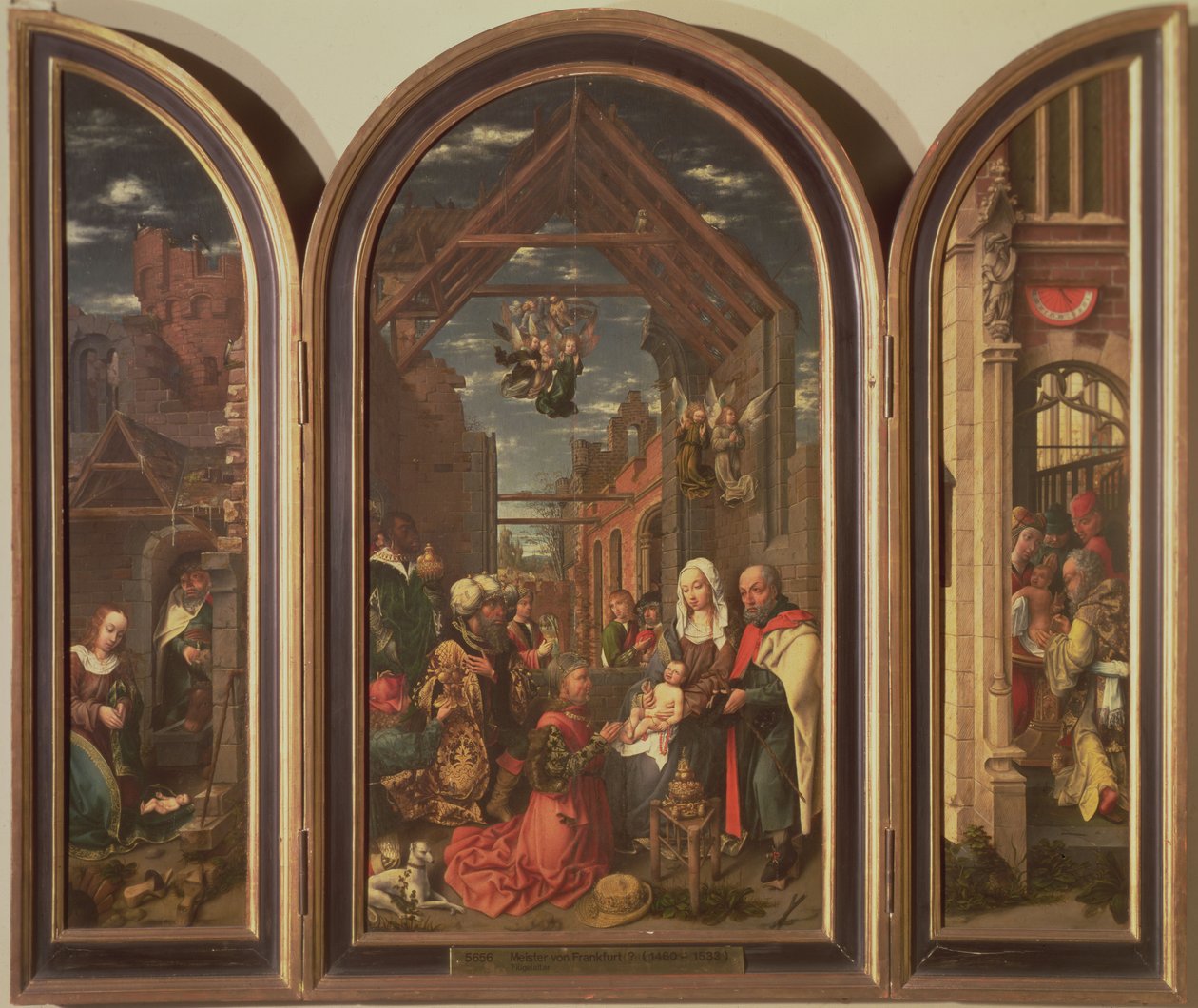 بالثلاثي ، يصور عشق المجوس (الوسط) ، المهد (يسار) والختان (يمين) ، c.1512 (لوحة) بواسطة ماجستير في فرانكفورت
