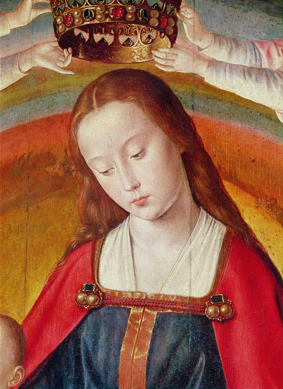 مريم العذراء مع تاجها ، تفاصيل تتويج العذراء ، لوحة مركزية من قطعة غيار بوربون ، c.1498 (تفاصيل 57630) بواسطة سيد مولان