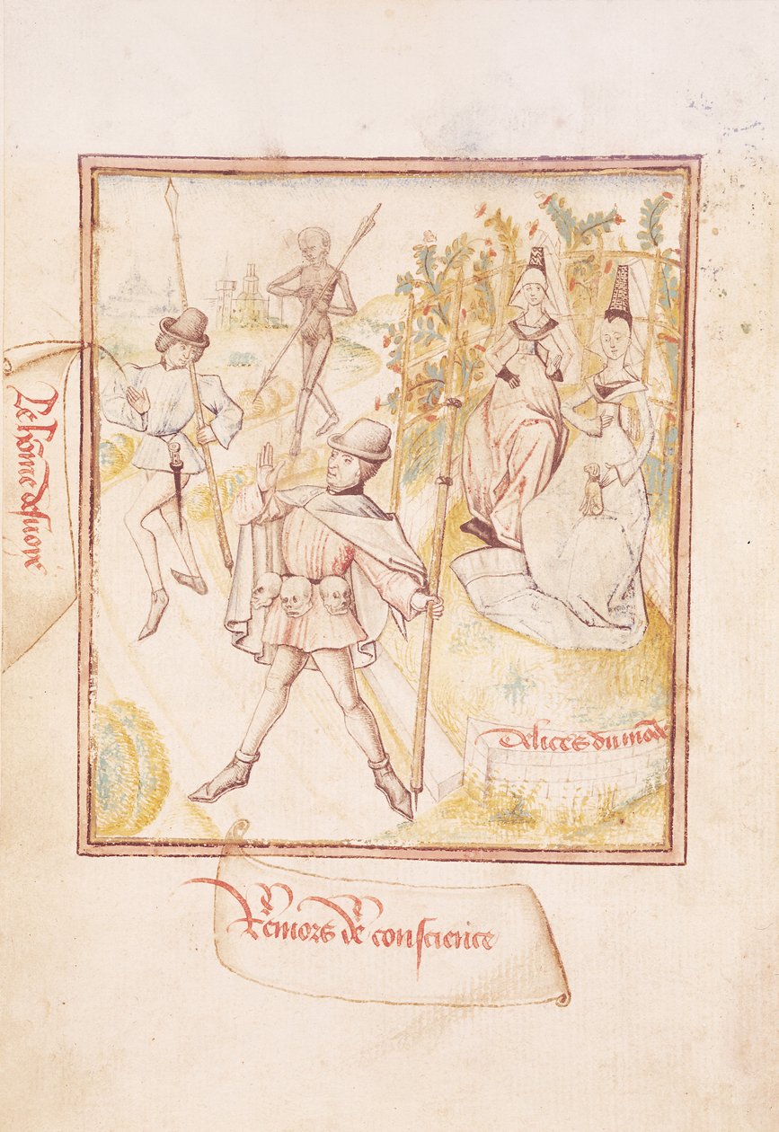 السيدة 410 fol.24v قاد الرجل ضلالاً لديه أفكار ثانية ومتعه من العالم ، من لو ميرو دي لا مورت ، ج .1460 بواسطة سيد بطل السيدات