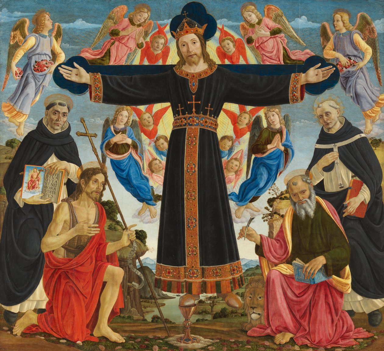 المسيح على الصليب مع القديسين فنسنت فيري ، يوحنا المعمدان ، مارك وأنطونيوس ، c.1491-5 (درجة الحرارة والزيت على اللوحة) بواسطة سيد فيسوفى عيد الغطاس