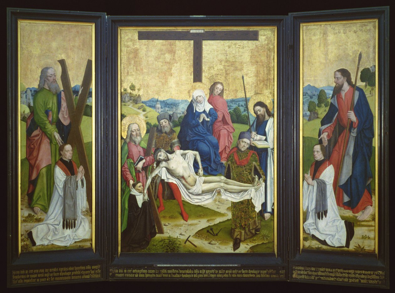 Altarpiece مع بيتا والمتبرعين في لوحة الوسط ؛ سانت أندرو وسانت جون على اللوحة الجانبية ، c.1480-90 (بلوط) بواسطة سيد حياة مريم العذراء