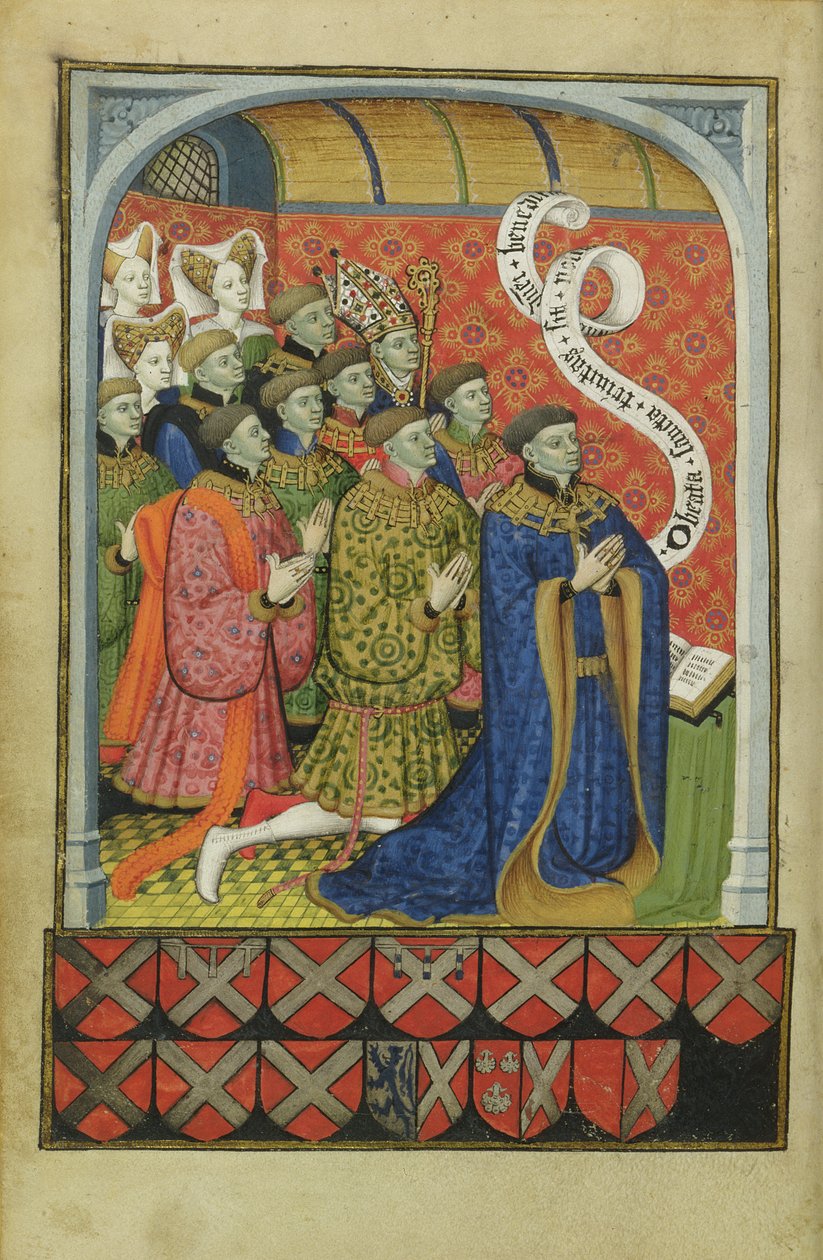 خط العرض 1158 f.27v عائلة نيفيل في الصلاة ، من كتاب ساعات نيفيل ، 1430-1435 بواسطة سيد الأسطورة الذهبية في ميونيخ