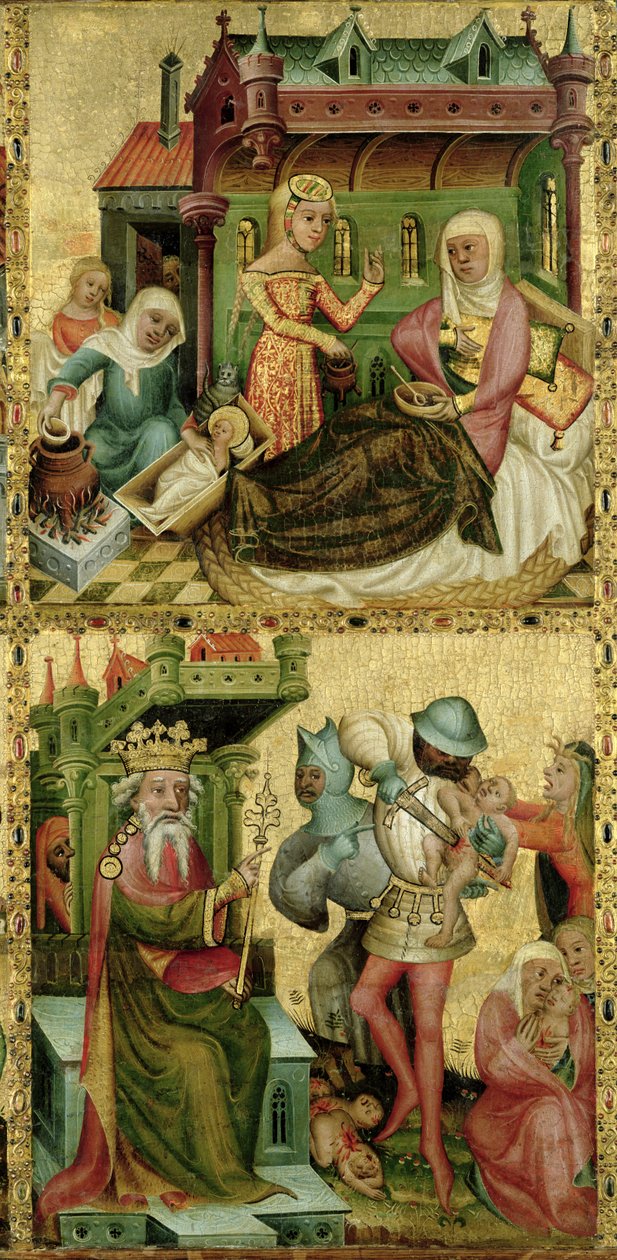 ميلاد العذراء ومذبحة الأبرياء ، من مذبح بوكستيهود ، 1400-10 (درجة الحرارة على اللوحة) بواسطة سيد برترام ميندين