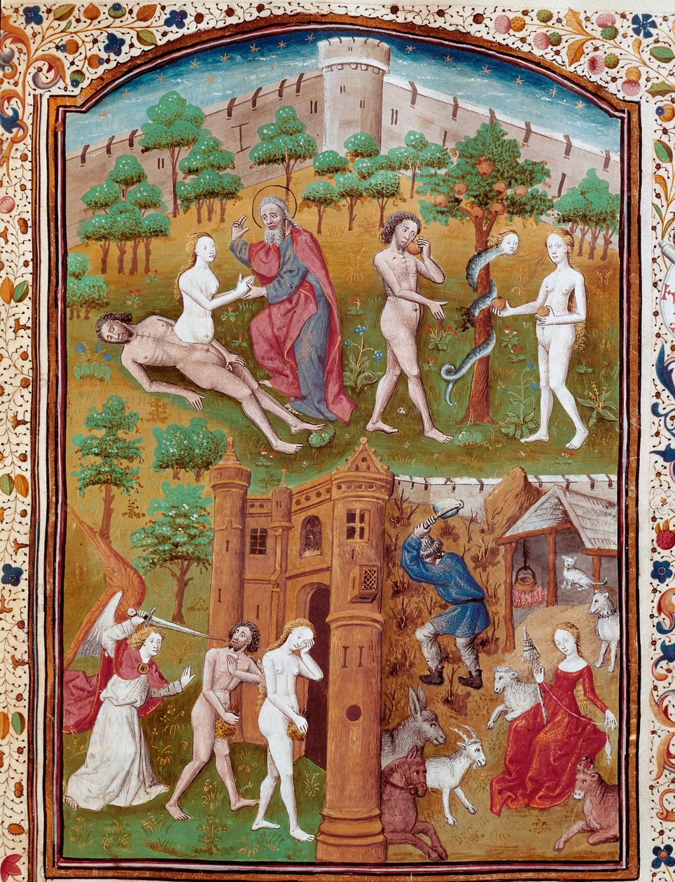 ولادة حواء من ساحل آدم ، آدم وحواء يقطف الثمار المدافعة ثم يصطاد من "مجسم الفردوس" المأخوذ من "" حالات مصائب الرجال والنساء النبلاء "(De casibus) بقلم جيوفاني بوكاتشيو ديت جان بوكاس (1313-1375) ، كاتب إيطالي، tra بواسطة سيد دونوا