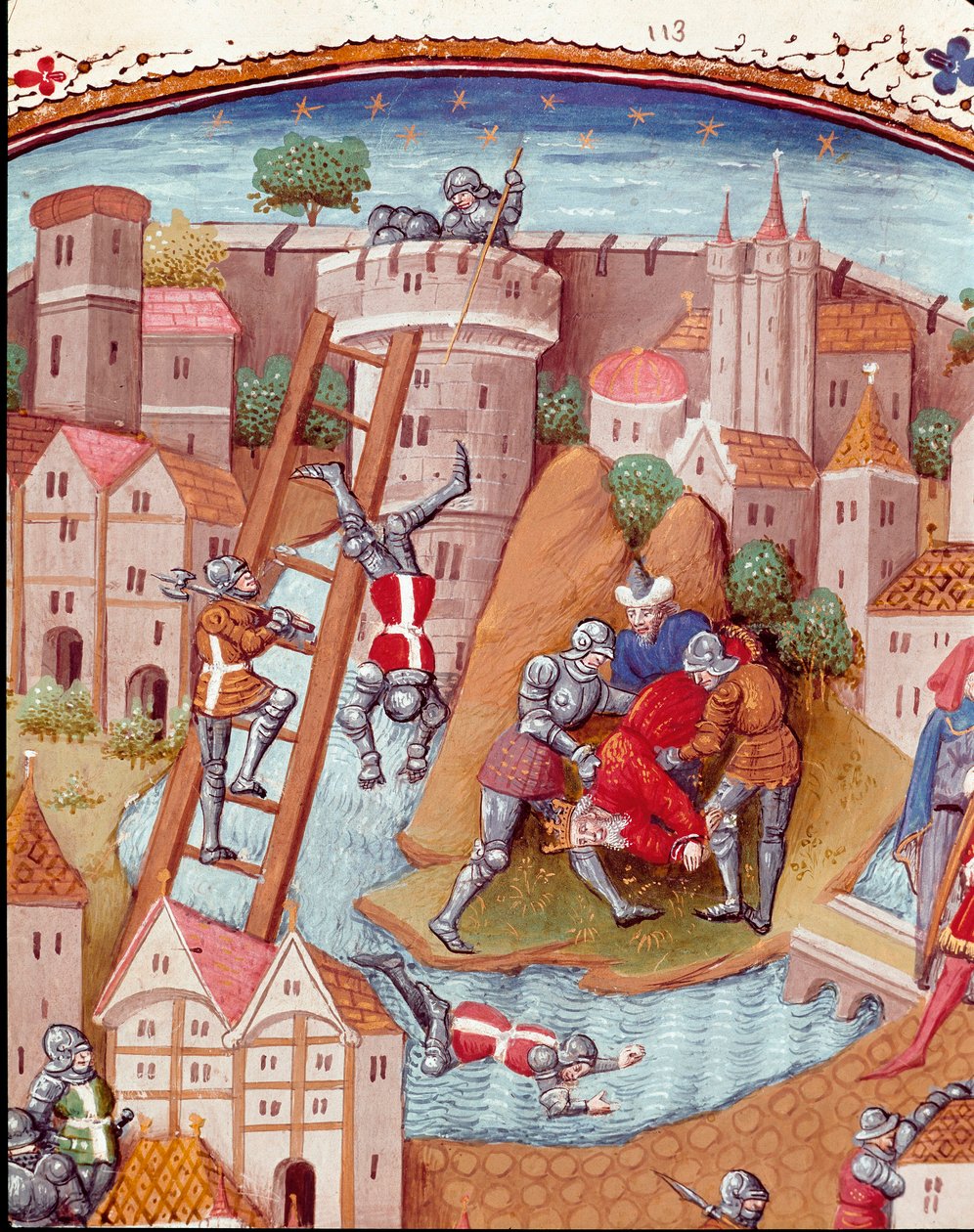 الاستيلاء على بلدة محصنة التفاصيل. صورة مصغرة مأخوذة من "" Des cas des nobles hommes et femmes misfortunes "(De casibus) بقلم جيوفاني بوكاتشيو ديت جان بوكاس (1313-1375) ، الكاتب الإيطالي ، وترجمه لوران دي بريميرفيت وأنوأها الطاعون بواسطة سيد دونوا