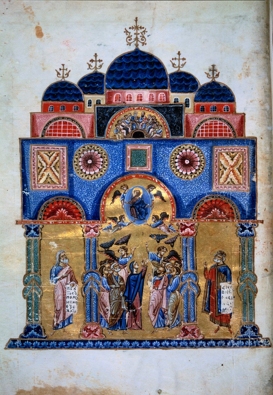صعود المسيح. مخطوطة يونانية بعنوان "Homelies to the Virgin" (Folio 3v) كتبها Jacques de Kokkinobaphos بواسطة سيد كوكينوبافوس