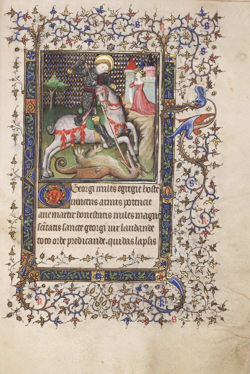 MS Widener 4 f.188r ، St. George Fighting the Dragon ، من كتاب الصلوات ، استخدام رين ، حوالي 1405 (قلم وحبر وتمبرا على ورق) بواسطة سيد لوسون