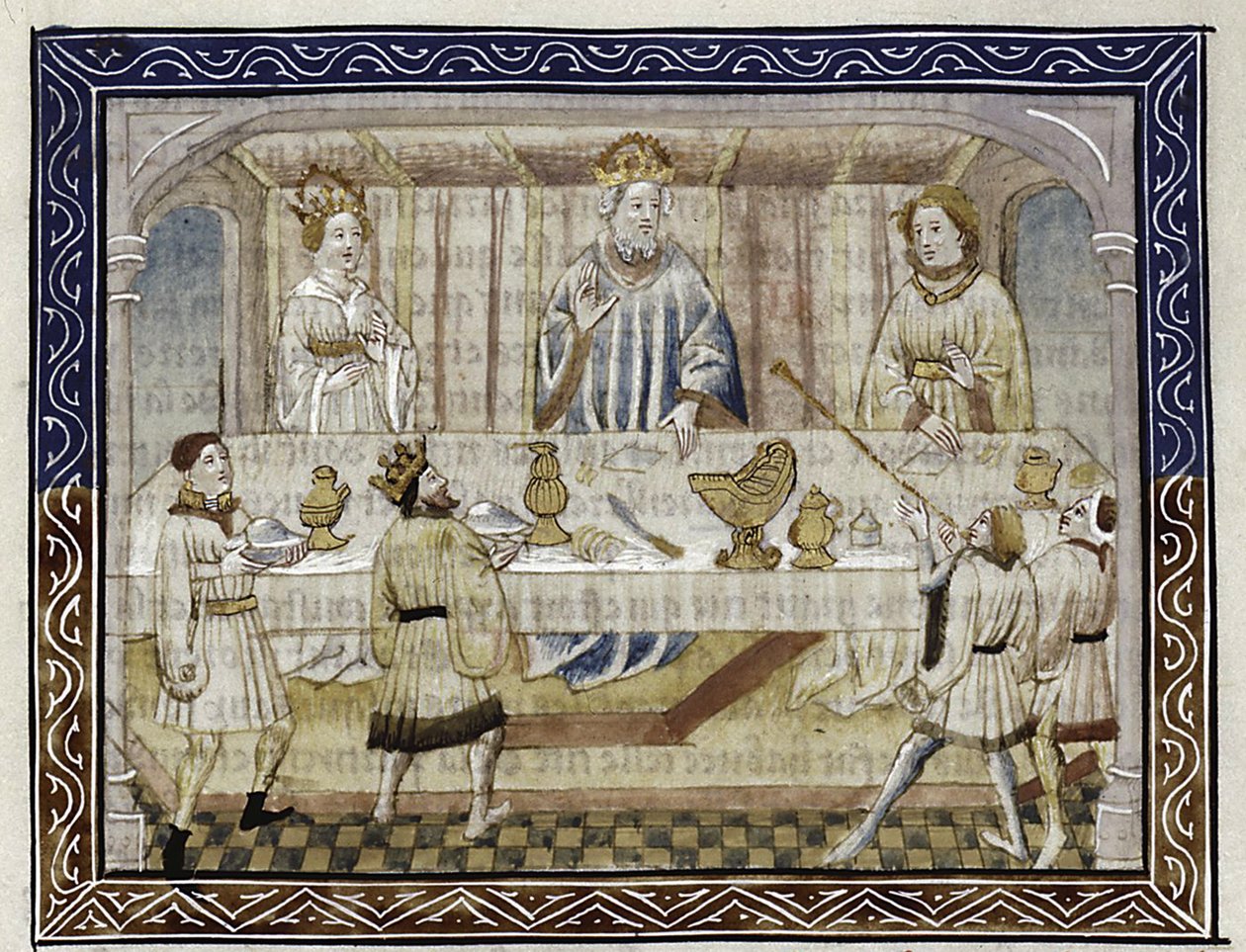 قيصر أوغسطس ، زوجته وابنه على المائدة من: جان هايتون ، زهرة قصص من أرض الشرق ، حوالي 1410 بواسطة ماجستير في بيري أبوكاليبس
