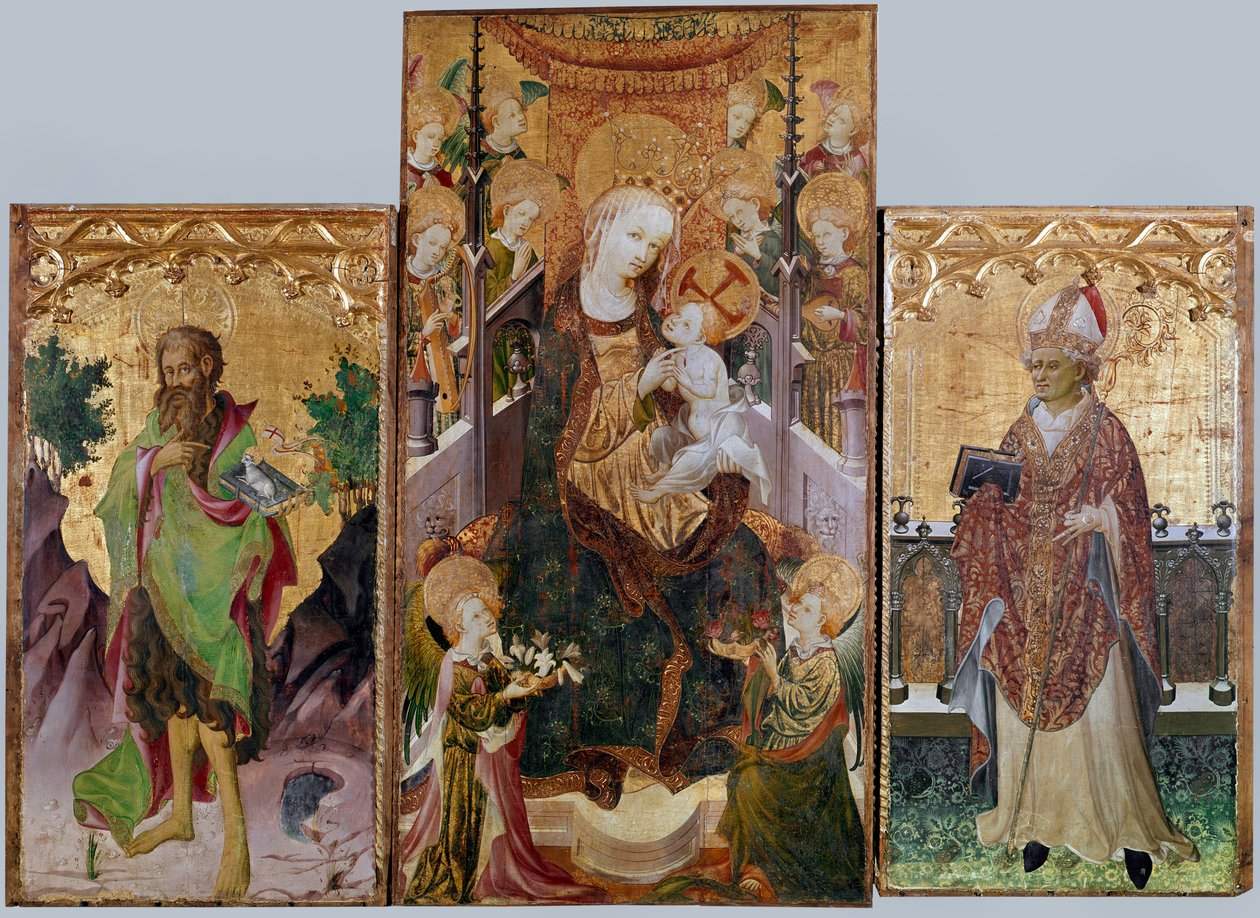 Virgin with child, st John the baptist and st Ambrose - Altarpiece with three panel, around 1430 بواسطة ماجستير في Burgo de Osma