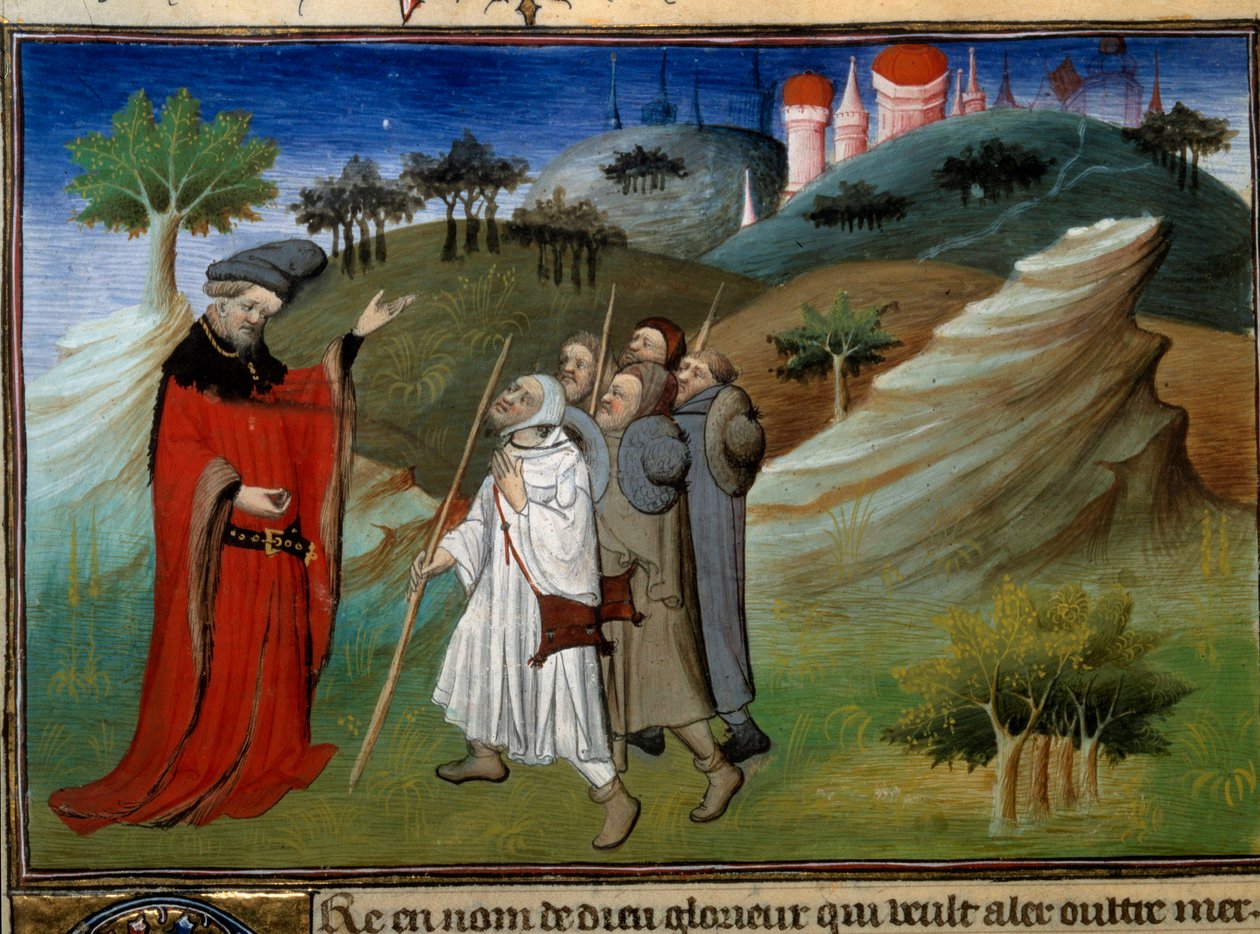 Des pelerins sur la route de la terre sainte Miniature in "" Voyages "بقلم John (Jehan de Mandeville) (1300؟ - 1372) ، قام بإضاءة سيد Egerton ، حوالي 1410-1412 ، من مجموعة المخطوطات (Ms 2810 ، Folio 142v.)" "كتاب عجائب و بواسطة سيد إجيرتون