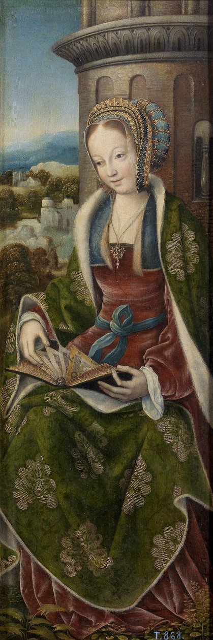 Barbe la grande martyre - لوحة ثلاثية للعائلة المقدسة مع ملائكة صنع الموسيقى. اللوحة اليمنى: Saint Barbara par Master of Frankfurt (1460-ca. 1533) ، حوالي 1510-1520 - زيت على خشب ، 79x27 - متحف ديل برادو ، مدريد بواسطة ماجستير في فرانكفورت