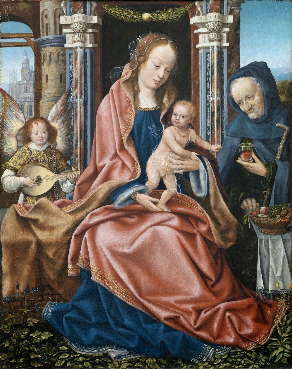 La sainte famille - لوحة ثلاثية للعائلة المقدسة مع ملائكة صنع الموسيقى - لوحة مركزية ، رسمها سيد فرانكفورت (1460-1533) ، حوالي 1510-1520 - زيت على خشب ، 78 × 60 - متحف ديل برادو ، مدريد بواسطة ماجستير في فرانكفورت