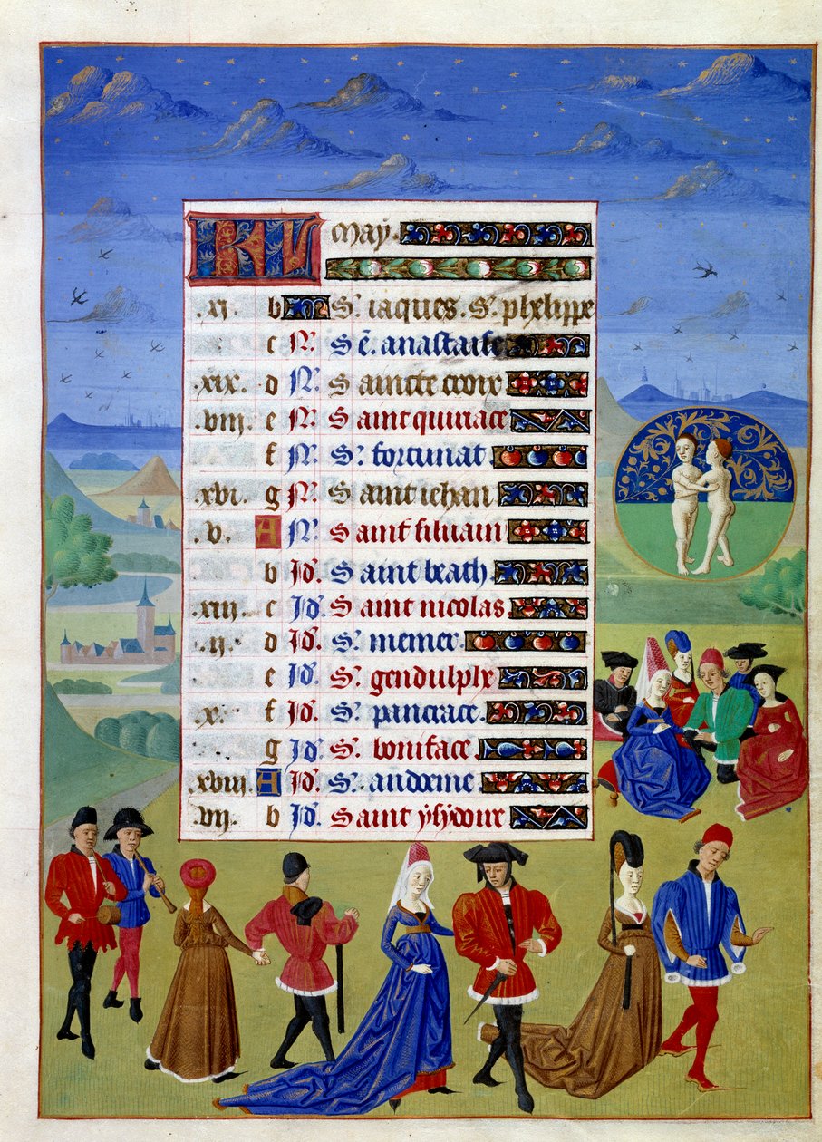 May: the courtiers walk. Illuminated manuscript page taken from “” Book of Hours of the Duchess of Burgundy, Adelaide of Savoy” by the Master of Adelaide of Savoy (15th century) and the Master of Jean Rolin (15th century) بواسطة سيد جان رولين الثاني