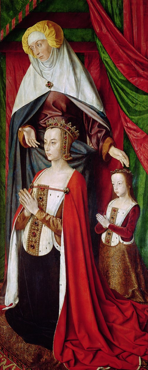 ال بوربون Altarpiece ، اللوحة اليمنى التي تصور سانت آن تقدم آن فرنسا (1476-1514) وابنتها سوزان بوربون (1491-1521) ج 1498 بواسطة سيد مولان