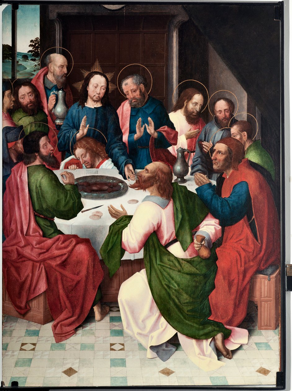 La cene (العشاء الأخير) رسم لسيد سان جيوفاني إيفانجليستا (القديس يوحنا الإنجيلي) (أواخر القرن الخامس عشر) Dim 120x90 cm Genes، Musei di Strada Nuova (ex Palazzo Bianco) inv n PB 156 بواسطة سيد القديس يوحنا الإنجيلي
