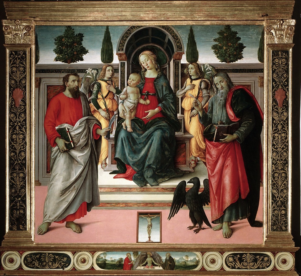Virgin with child with st John and st Bartholomew Painting by the master of Santo Spirito (15th century) Florence, Church of Santo Spirito, Italy بواسطة ماجستير في سانتو سبيريتو