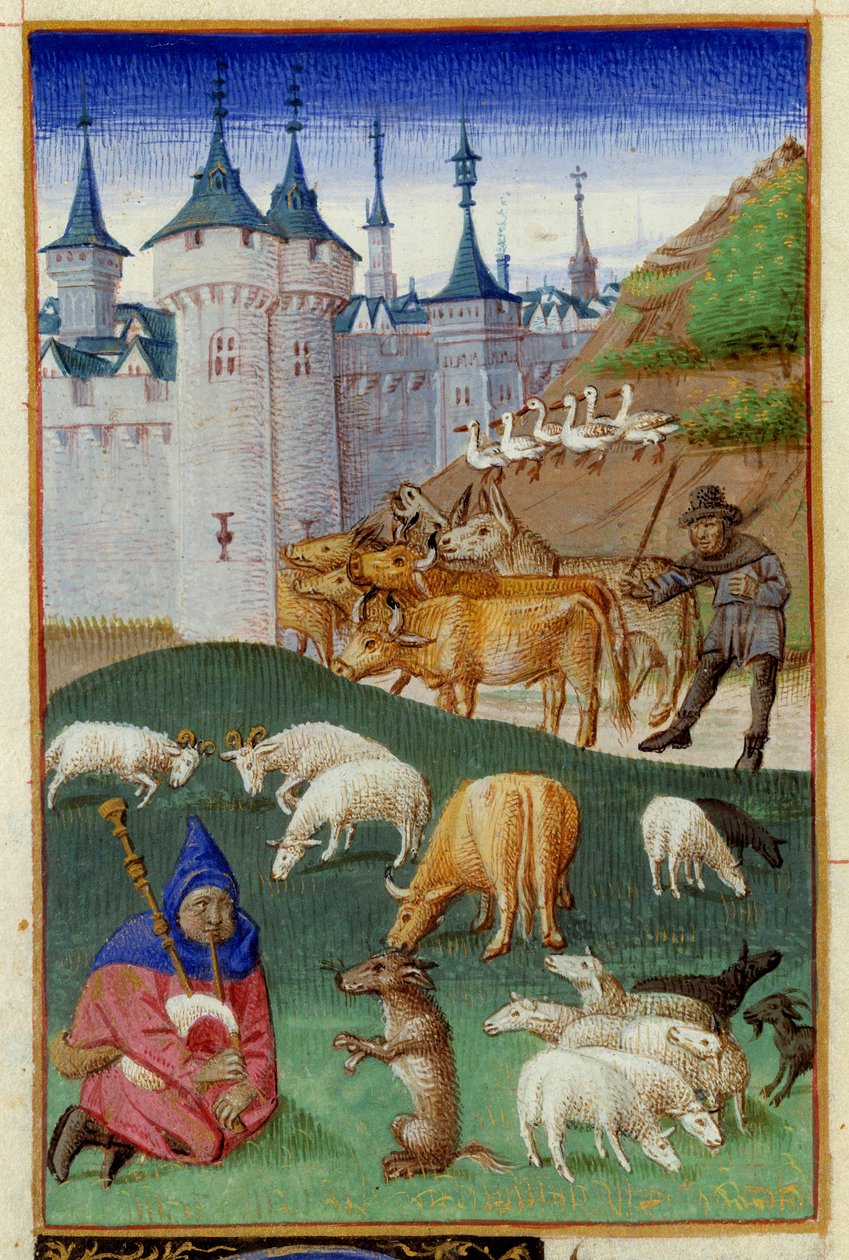 حيوانات المزرعة وعازفو مزمار القربة صورة مصغرة مأخوذة من "The Rustican or Book of Country and Rural Profit" بقلم Pietro de Crescenzi (حجر الهلال أو Crescens Stone) (1233-1320) التي أضاءها سيد بوكاس جنيف المسمى Colin d