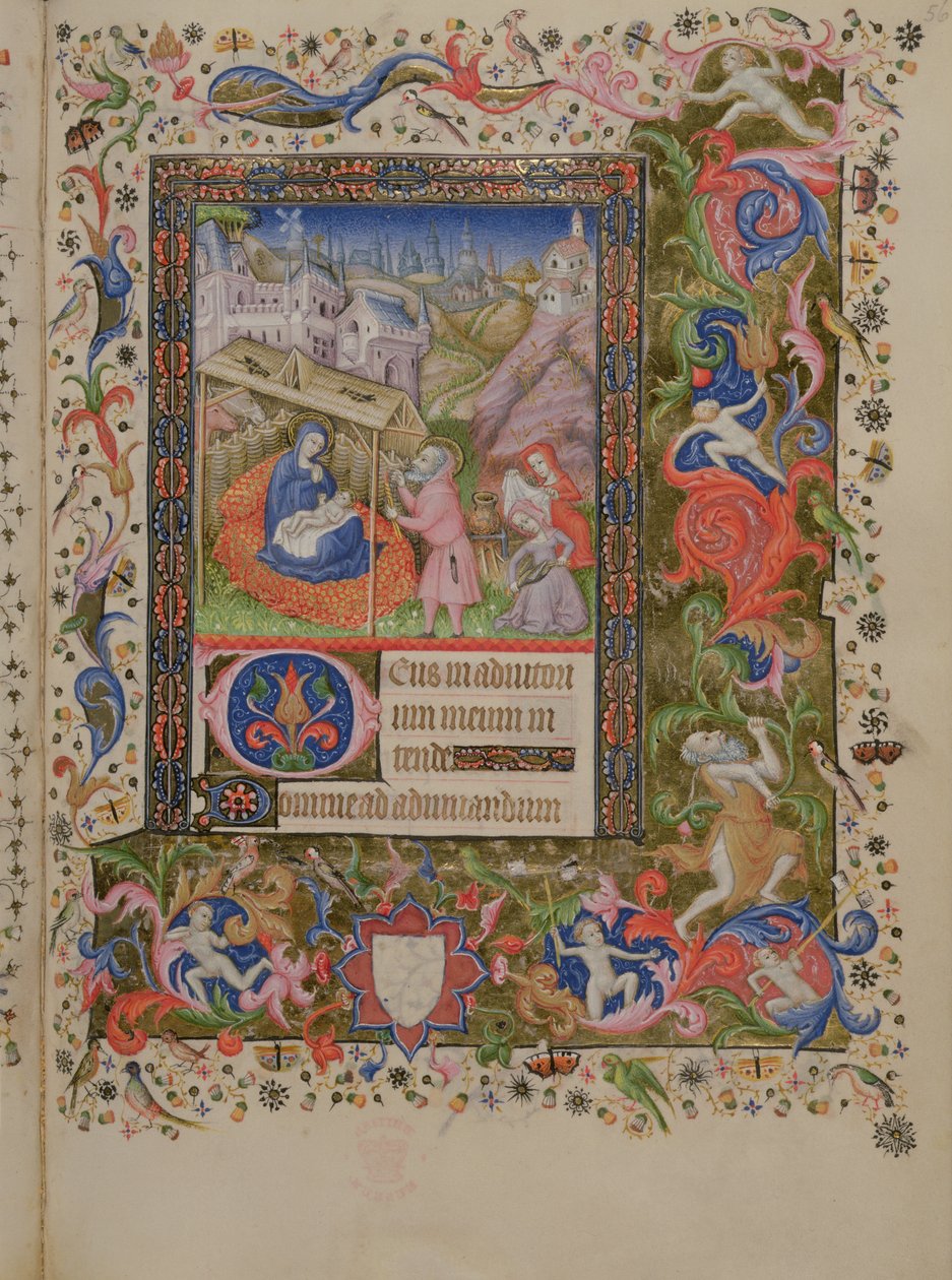 أضف 29433 f.56 الميلاد ، من كتاب الصلوات ، حوالي 1407 (ورق رقي) (انظر أيضًا 16338 و 16339) بواسطة ماجستير في بروكسل بالاحرف الاولى