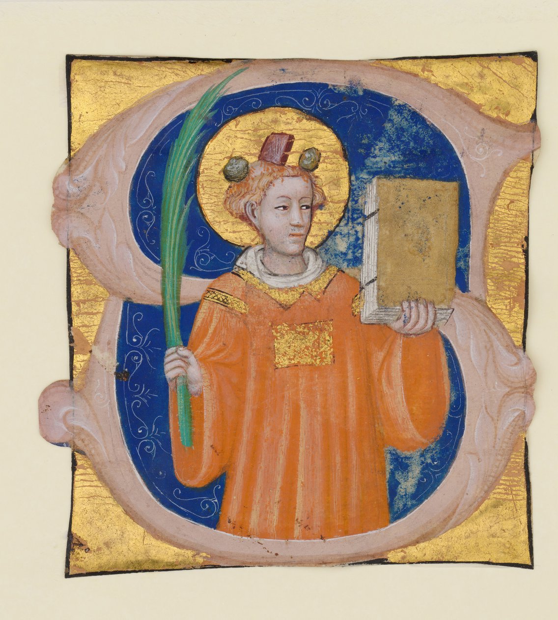 زخرفة المخطوطة مع القديس ستيفن في البداية S ، من Antiphonary ، الإيطالي ، كاليفورنيا. 1410-2 بواسطة ماجستير في بروكسل بالاحرف الاولى