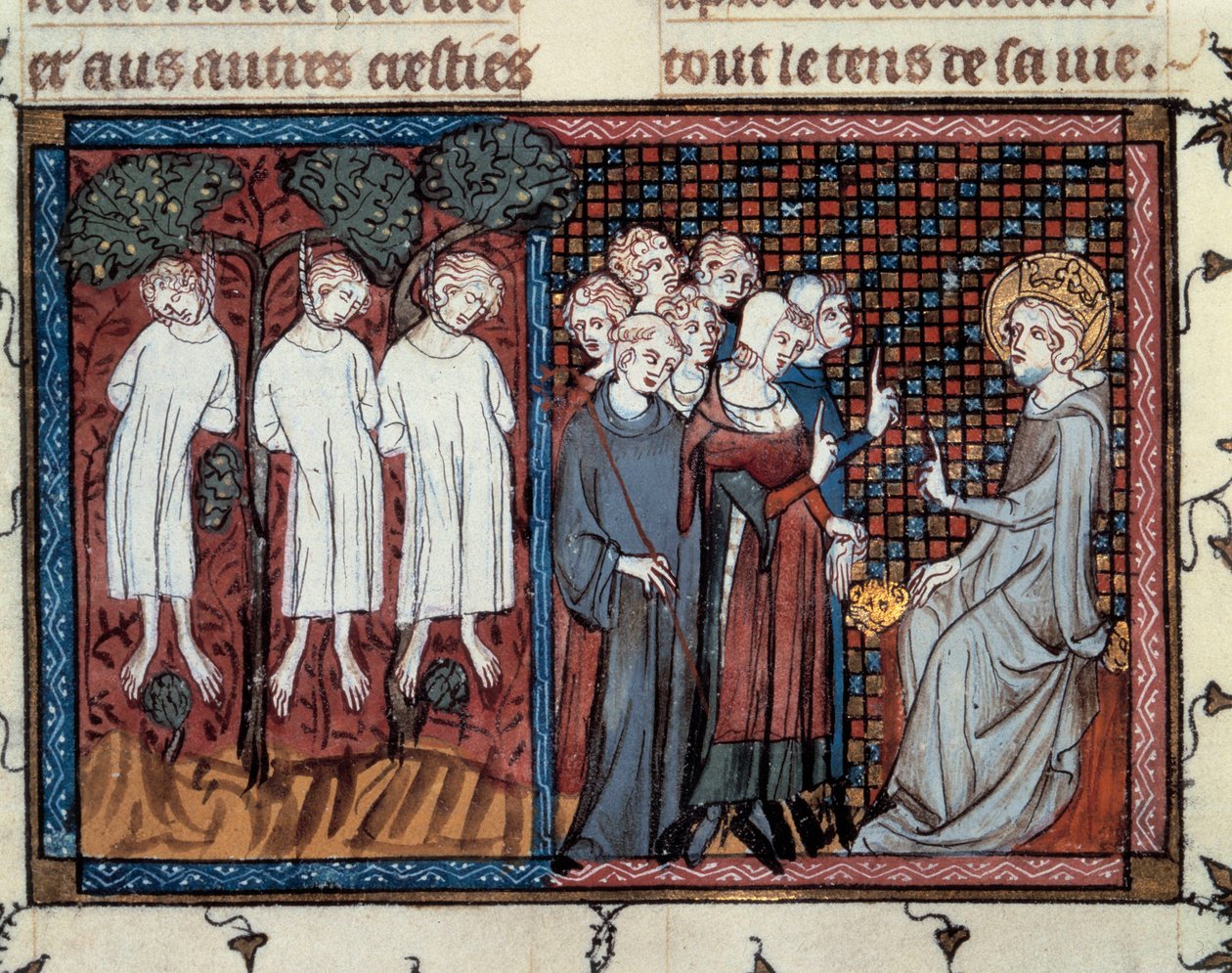 عمليات الإعدام التي أمر بها Enguerrand IV de Coucy. لويس التاسع يحقق العدالة. منمنمة ماهيت في "" حياة ومعجزات سانت لويس "" ، مخطوطة بقلم غيوم دي سانت باثوس بواسطة سيد Cambrai Missal Mahiet