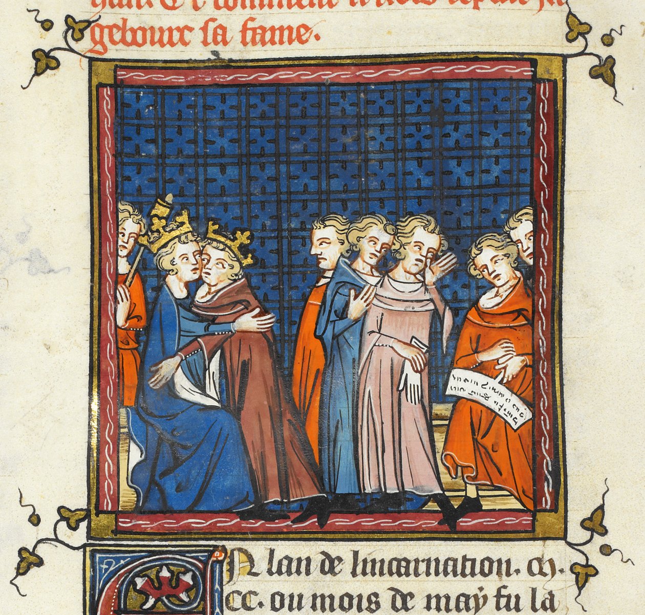 فيليب أوغسطس والملك جون ملك إنجلترا يصنعان السلام ، رسم توضيحي من "Grandes Chroniques de France ou de St Denis" بواسطة سيد Cambrai Missal Mahiet