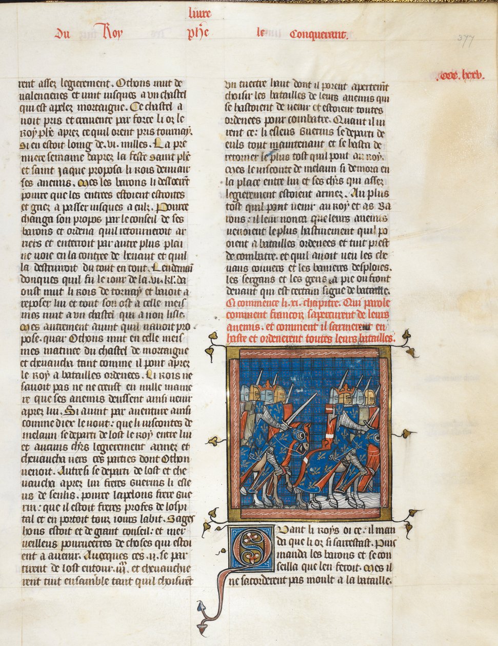 Royal 16 G. VI، f.377 الجيش الفرنسي في مسيرة إلى Bouvines ، من 
