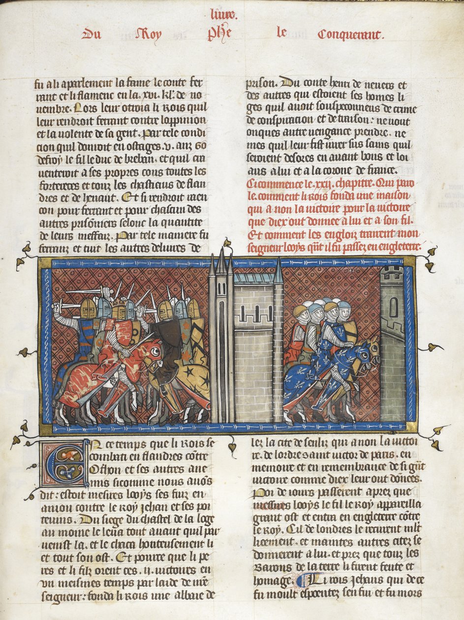 Royal 16 G. VI f.385 معركة مع جون ، ملك إنجلترا ، ولويس الثامن في المسيرة ، من "Les Grandes Chroniques de France" ، حوالي 1332-50 (حبر ، لون وذهب على ورق) بواسطة سيد Cambrai Missal Mahiet