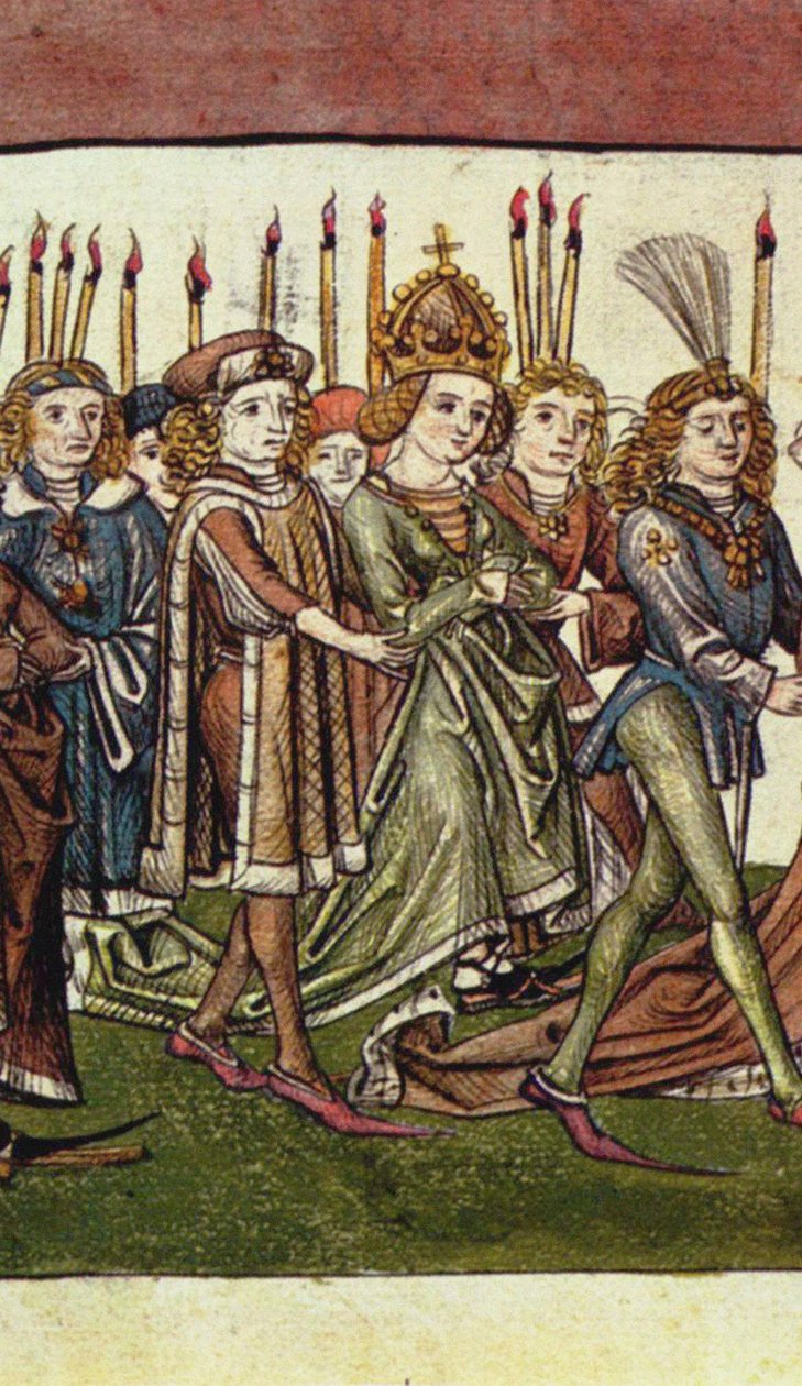 الملكة اليزابيث لوكسمبورغ. التفاصيل من Richental's Illustrated Chronicle ، ج. 1440 بواسطة ماجستير في تاريخ مجلس كونستانس