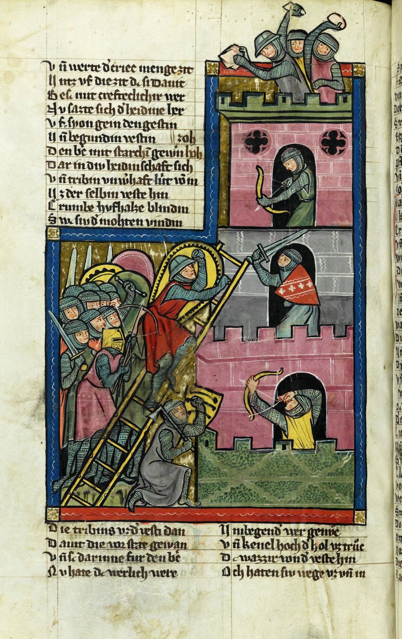 أخذ قلعة في القدس (من تاريخ العالم (Weltchronik) بواسطة Rudolf von Ems) - ماجستير في تاريخ العالم (Weltchronik) (نشط حوالي 1300) - ج. 1300 - لوحة مائية على ورق برشمان - كانتونسبيبليوثك سانت غالن بواسطة سيد تاريخ العالم