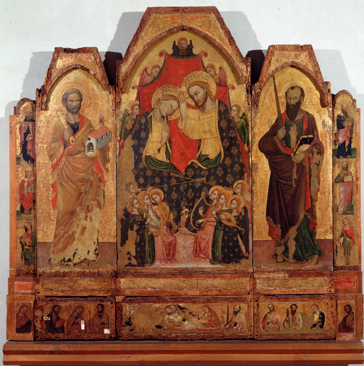 Triptych of the coronation of the virgin with the saints Peter and Paul Painting of the master of Polittico di Corleone بواسطة سيد Corleone Polyptic