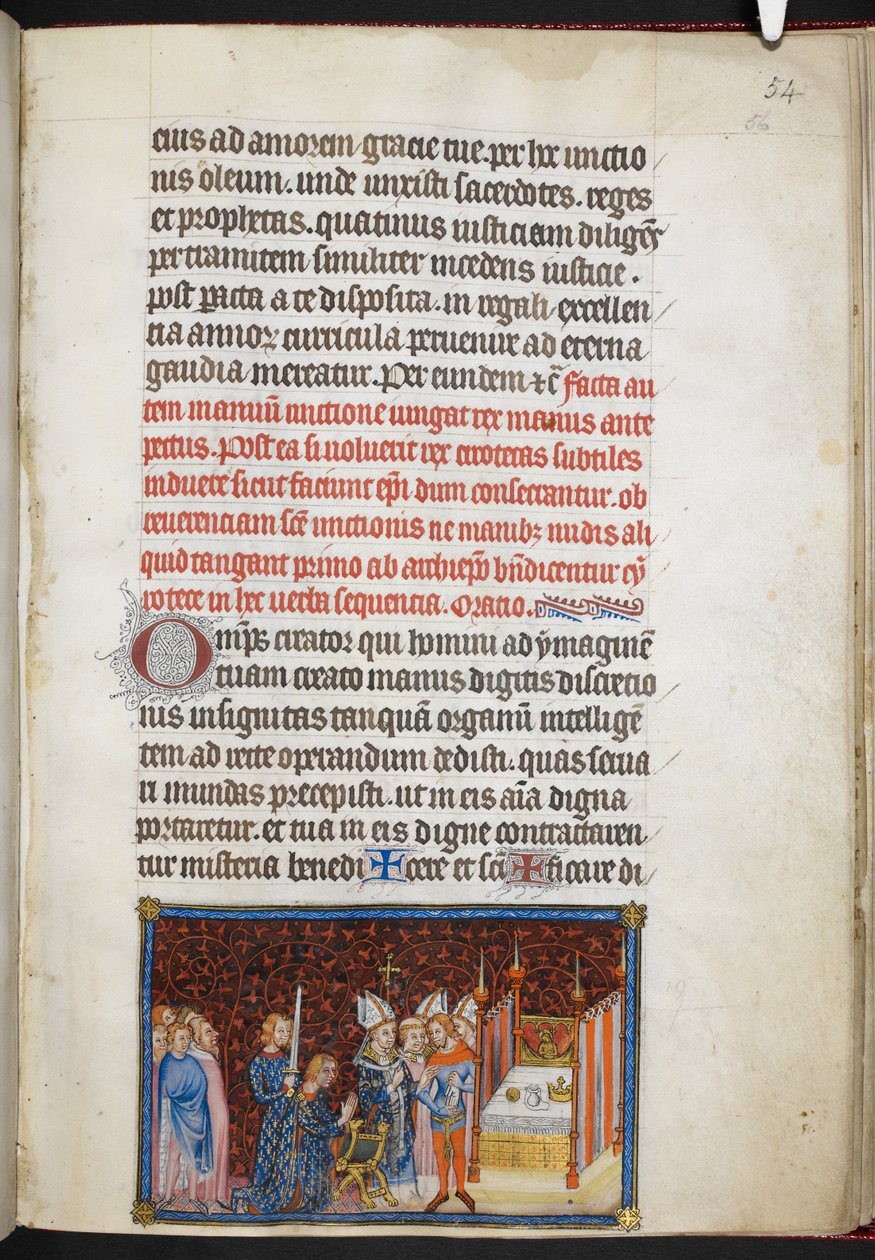 Cotton Tiberius B. VIII f.56r مباركة رئيس أساقفة ريمس لقفازات الملك ، من "كتاب التتويج لتشارلز الخامس ، ملك فرنسا" بواسطة ماجستير في كتاب تتويج تشارلز الخامس