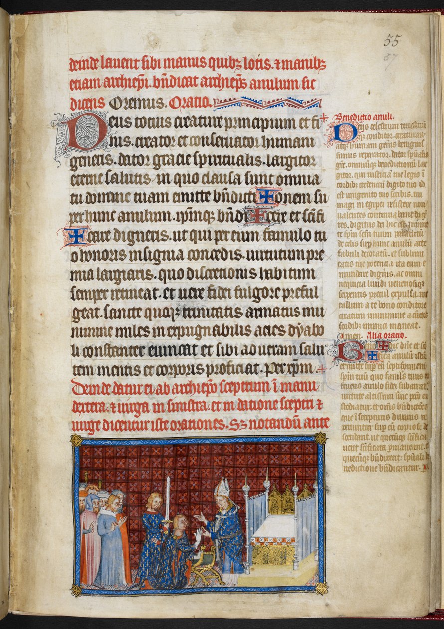 Cotton Tiberius B. VIII f.57r الملك يتسلم الخاتم "كتاب التتويج لتشارلز الخامس ، ملك فرنسا" بواسطة ماجستير في كتاب تتويج تشارلز الخامس
