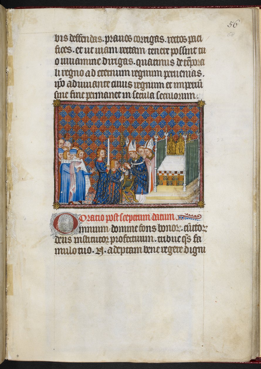 Cotton Tiberius B. VIII f.58r الملك يستلم الصولجان والعذراء ("Main de la Justice") ، من "كتاب التتويج لتشارلز الخامس ، ملك فرنسا" بواسطة سيد كتاب تتويج تشارلز الخامس