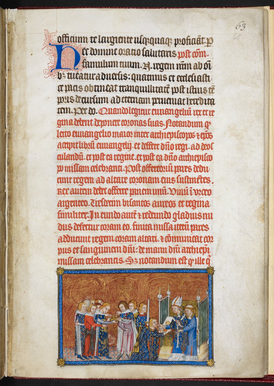 Cotton Tiberius B. VIII f.65r ، دخول الملكة الكاتدرائية ، من "كتاب التتويج لتشارلز الخامس ، ملك فرنسا" بواسطة ماجستير في كتاب تتويج تشارلز الخامس