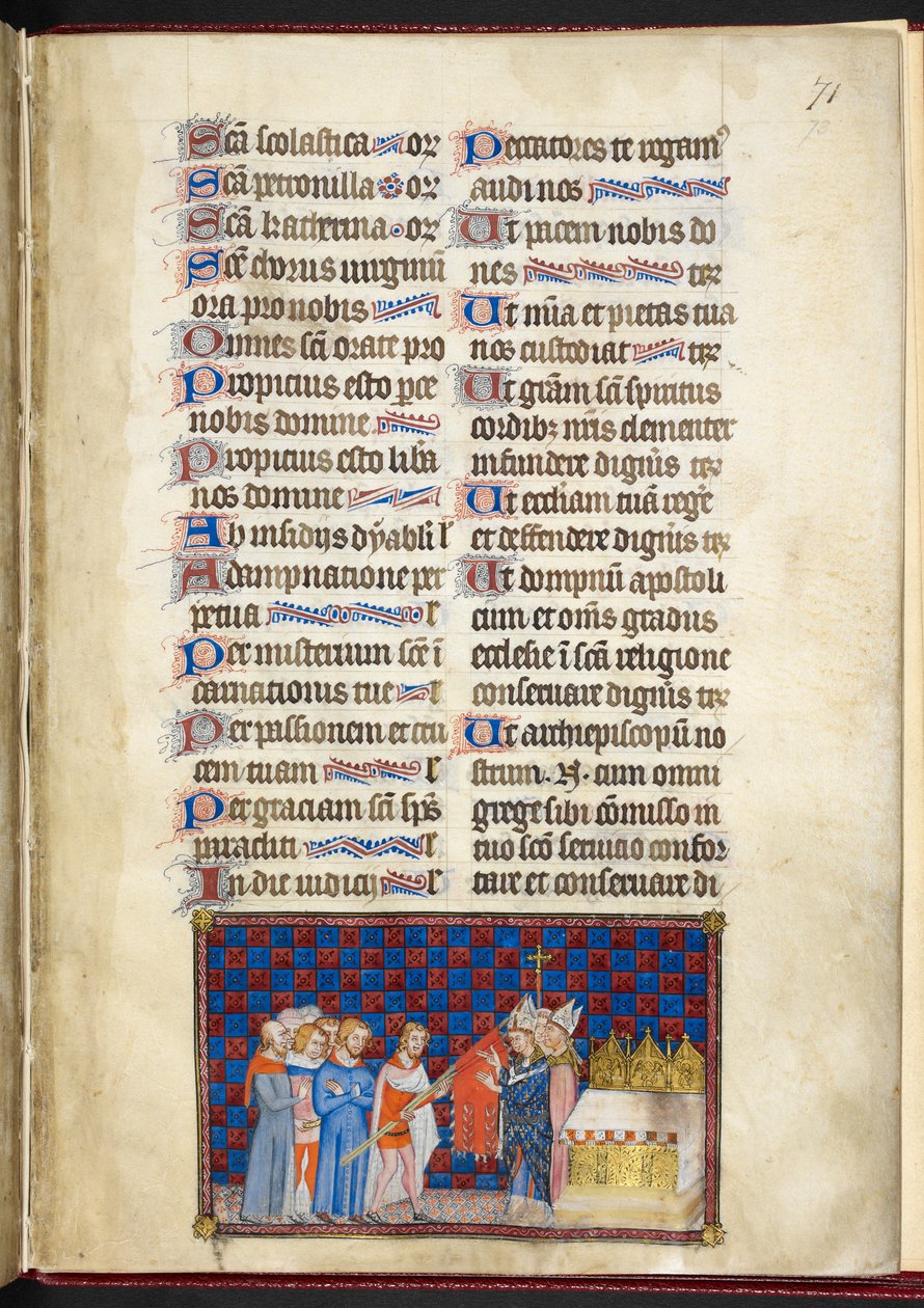 Cotton Tiberius B. VIII f.73r ، رئيس أساقفة ريمس يبارك أوريفلام ، رسم توضيحي من "كتاب تتويج شارل الخامس ، ملك فرنسا" بواسطة ماجستير في كتاب تتويج تشارلز الخامس
