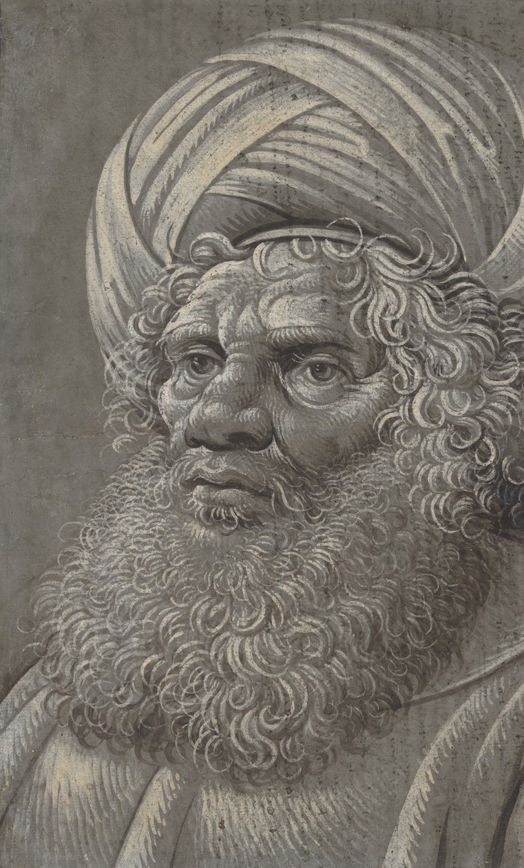 رأس رجل ملتح يرتدي وجه عمامة ، ظهر بالخط اللاتيني ، كاليفورنيا. 1510. بواسطة سيد موت أبشالوم