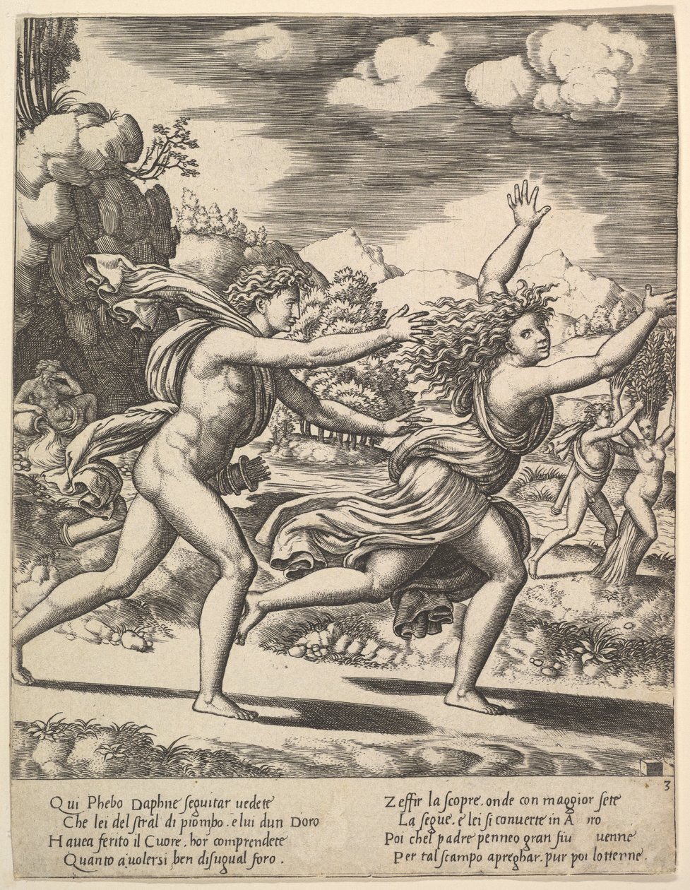 أبولو يطارد دافني الذي ألقى ذراعيها ، في الخلفية على اليمين يظهر موم ... ، 1530-60. بواسطة سيد الموت
