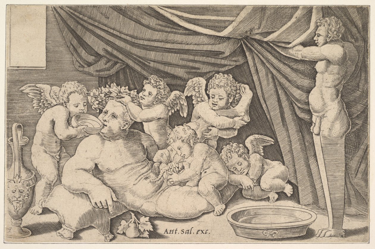 Bacchus محاط بـ Putti ، تمثال Priapus على اليمين ، 1530-60. بواسطة سيد الموت