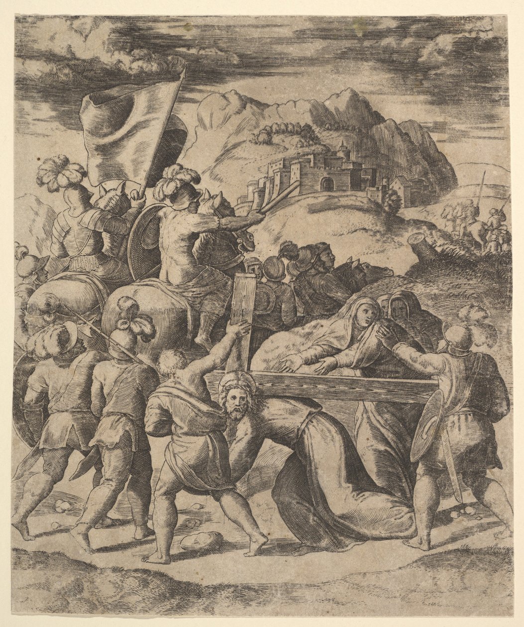المسيح يحمل الصليب محاطًا بالجنود ، العديد منهم يمتطون الجياد ، 1530-1560. بواسطة سيد الموت