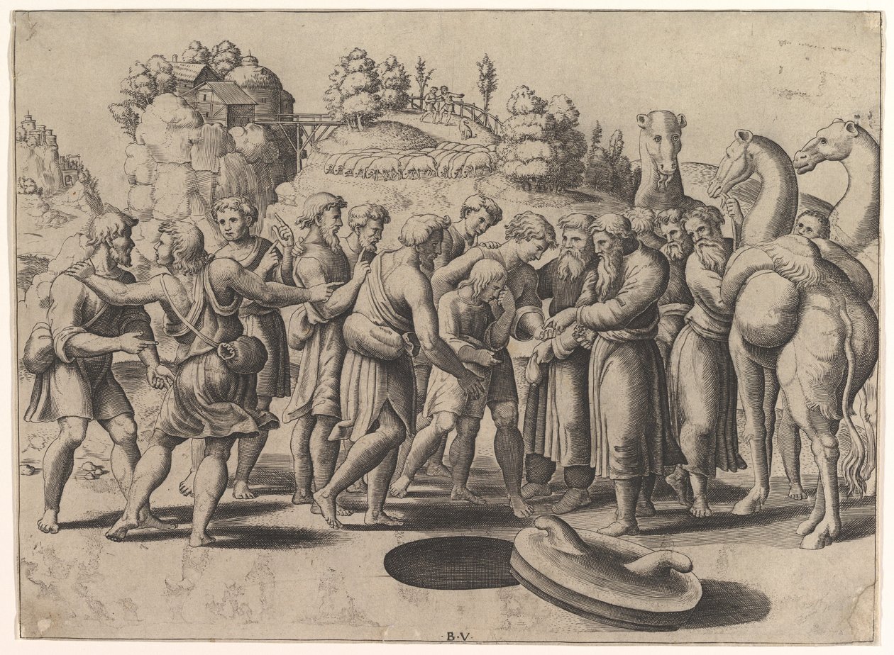 كان يوسف في الوسط يبيعه إخوته الواقفون فوق بئر ، والجمال إلى اليمين ، 1533. بواسطة سيد الموت