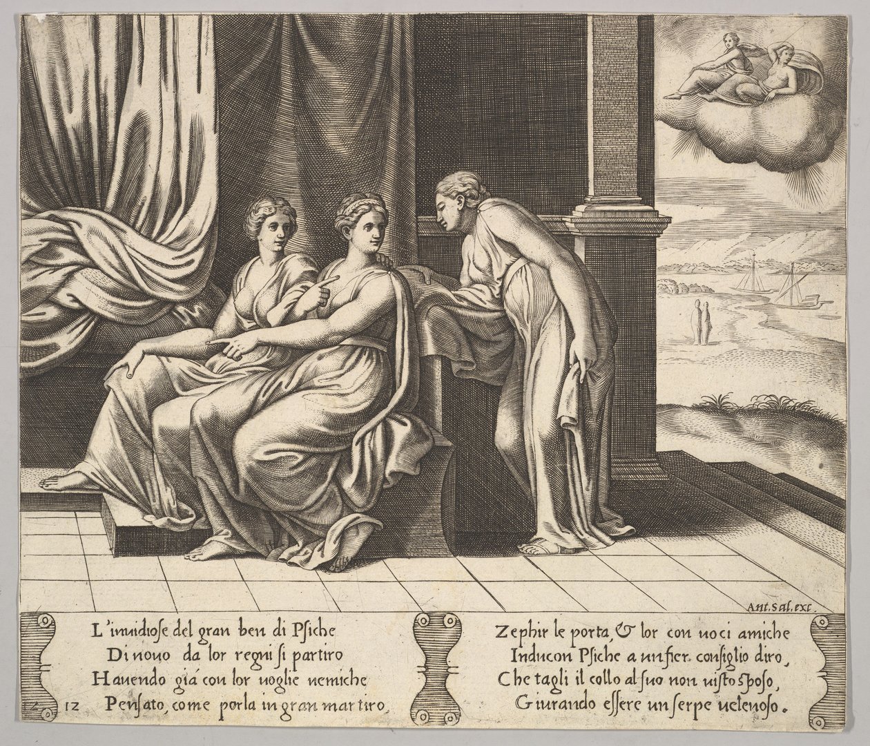 اللوحة 12: تقنعها أخوات Psyche بأن حية تنام معها ، من The Fable ...، 1530-60. بواسطة سيد الموت