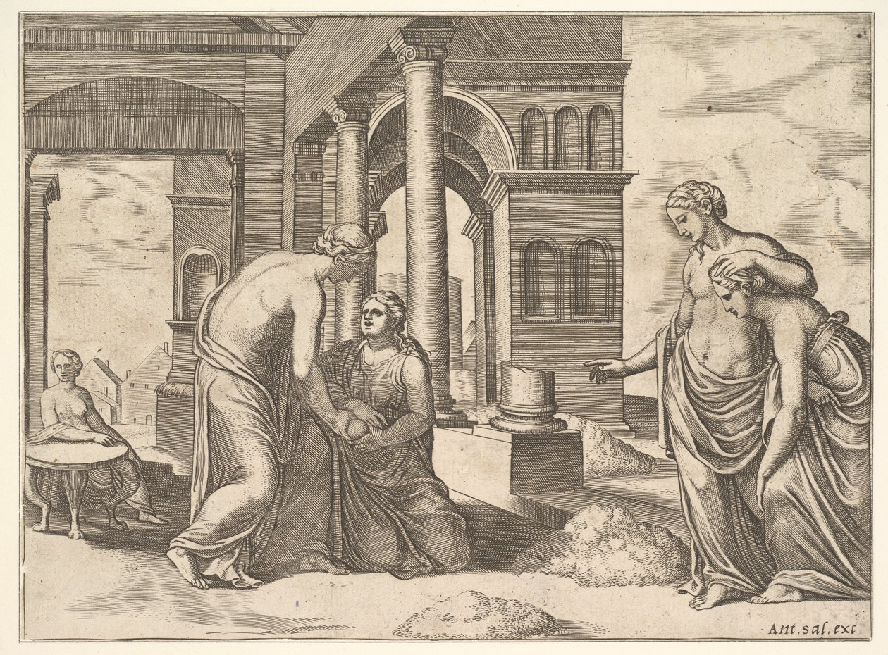 اللوحة 22: الزهرة تطلب من Psyche أن تفرز كومة من الحبوب ، من "Fable of Psyche" ، 1530-60. بواسطة سيد الموت