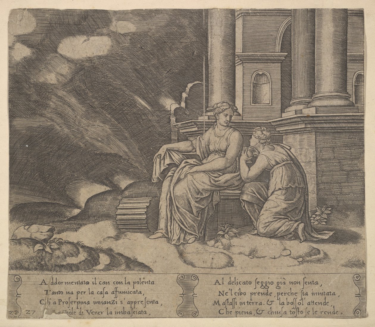 اللوحة 27: يعطي بروسيربينا Psyche صندوق الجمال ، من "حكاية كيوبيد والنفسية" ، 1530-60. بواسطة سيد الموت