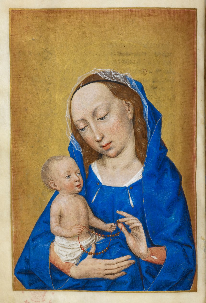 ساعات العذراء في زمن المجيء. العذراء والطفل يلعبان بعقد من الخرز. بواسطة ماجستير في كتب الصلاة في درسدن