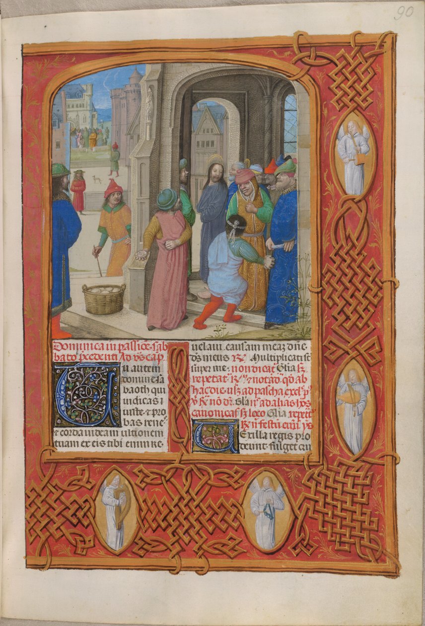 مؤقت (الجزء الأول: من الأحد الأول من زمن المجيء إلى السبت المقدس). يهدد اليهود برجم المسيح بتهمة التجديف في هيكل سليمان (أحد الآلام). حدود تحتوي على ملائكة. عمودين من النص. بواسطة ماجستير في كتب الصلاة في درسدن