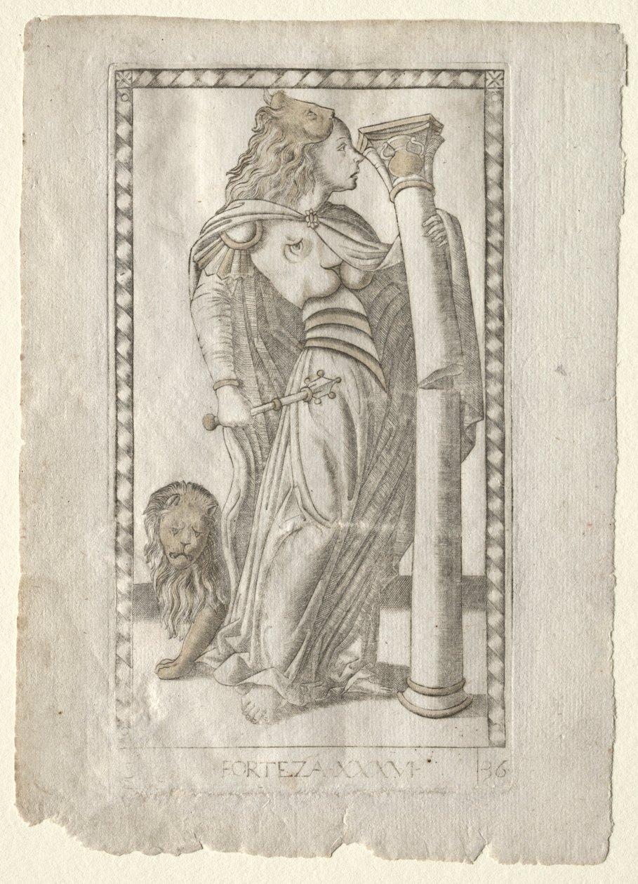 Forteza من Tarocchi ، السلسلة B: المبادئ الكونية والفضائل ، رقم 36 ، قبل 1467. بواسطة ماجستير في سلسلة E Tarocchi