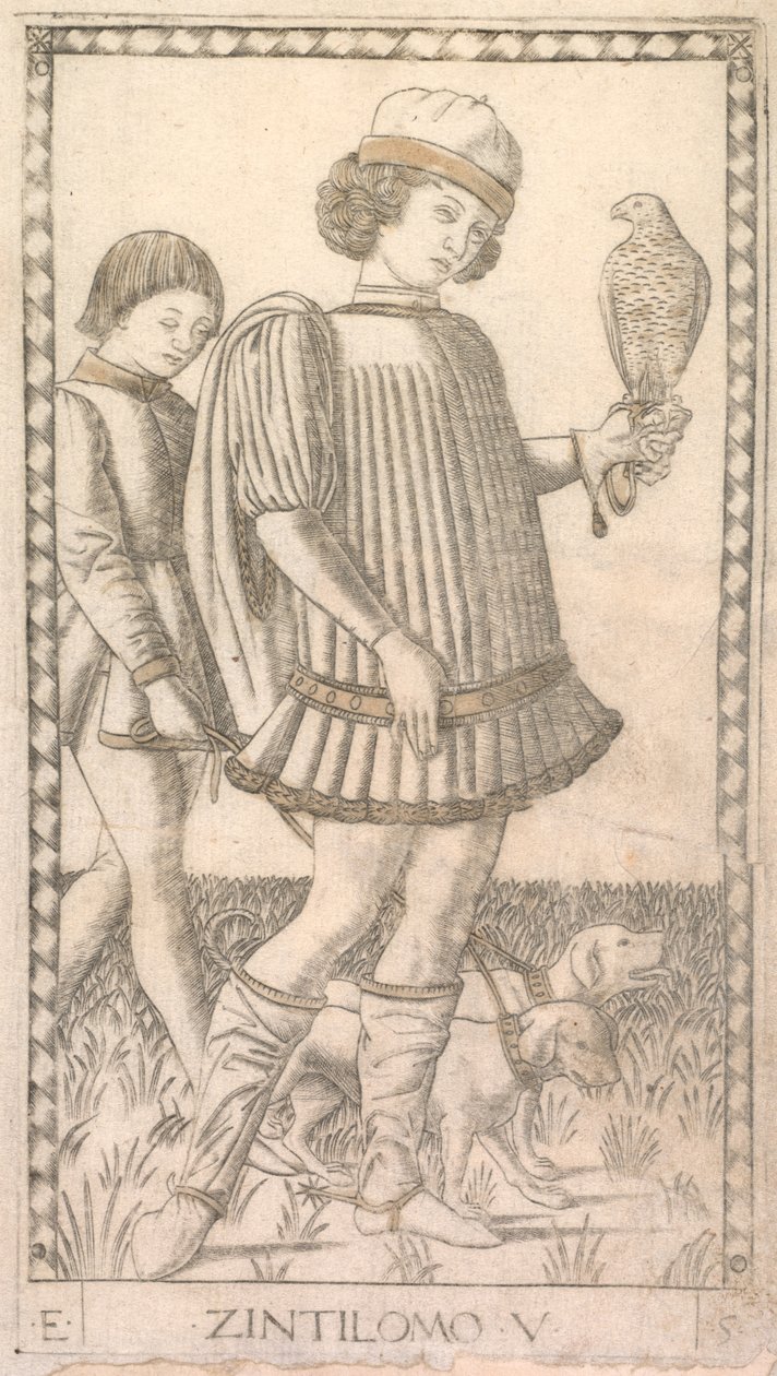 رجل من سلسلة Tarocchi E: ظروف الرجل ،  5 ، ج. 1465. بواسطة ماجستير في سلسلة E Tarocchi