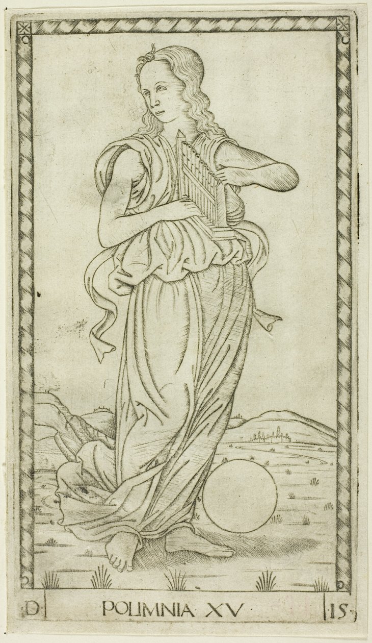 Polyhymnia ، اللوحة الخامسة عشرة من Apollo and the Muses بواسطة ماجستير في سلسلة E Tarocchi