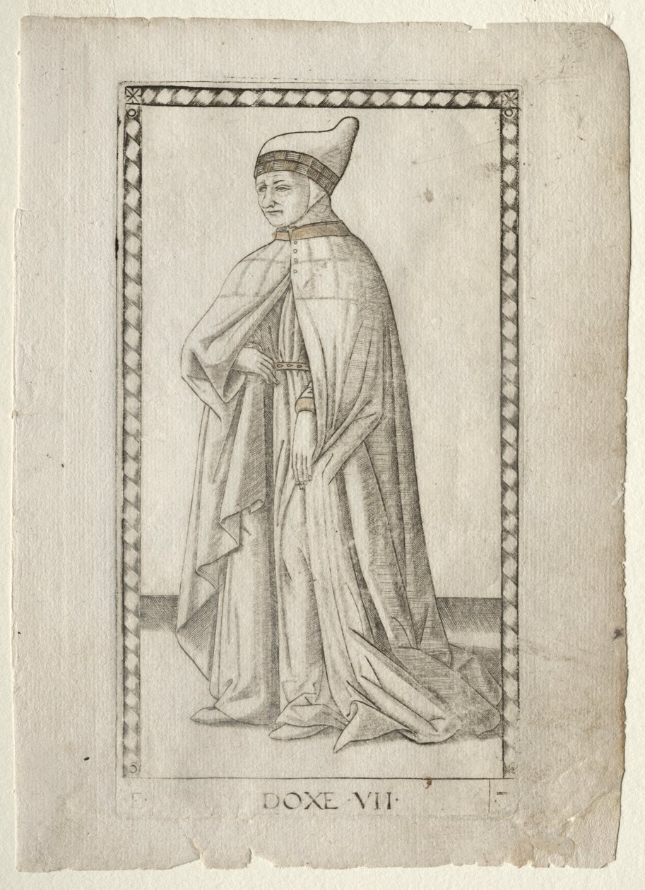 The Doge from the Tarocchi ، السلسلة E: ظروف الرجل ، رقم 7 ، قبل عام 1467. بواسطة ماجستير في سلسلة E Tarocchi