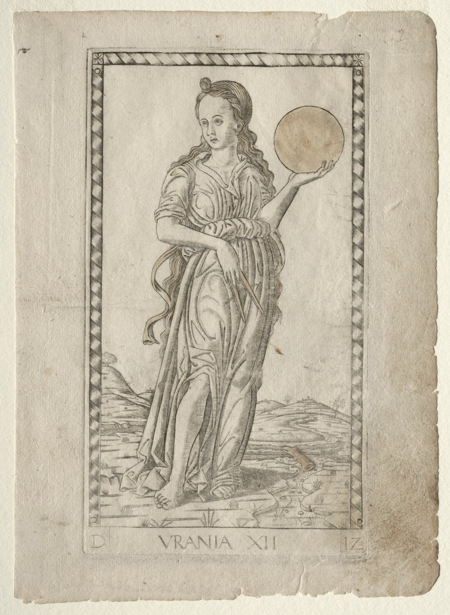 علم الفلك أورانيا من سلسلة Tarocchi D: Apollo and the Muses ،  12 ، قبل 1467. بواسطة ماجستير في سلسلة E Tarocchi
